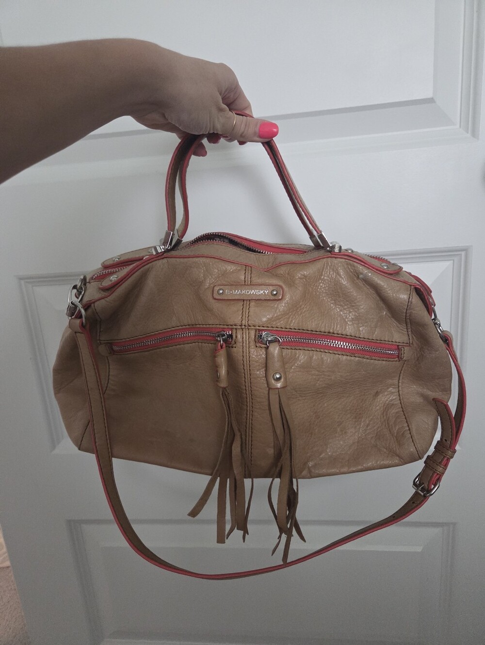 B. Makowsky Taupe Leather Shoulder Bag with Coral Trim